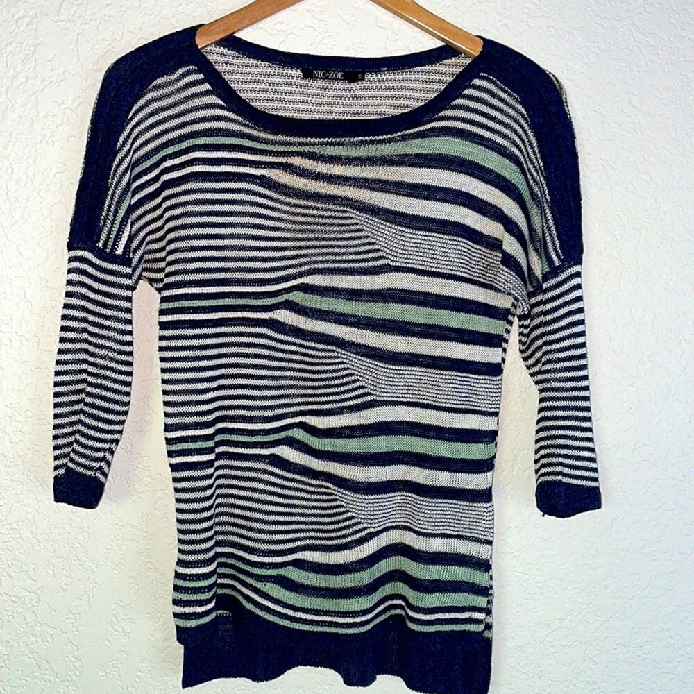 NIC+ZOE Blue White Stripe Linen Sweater Top Artsy Sheer Coastal Nautical Preppy